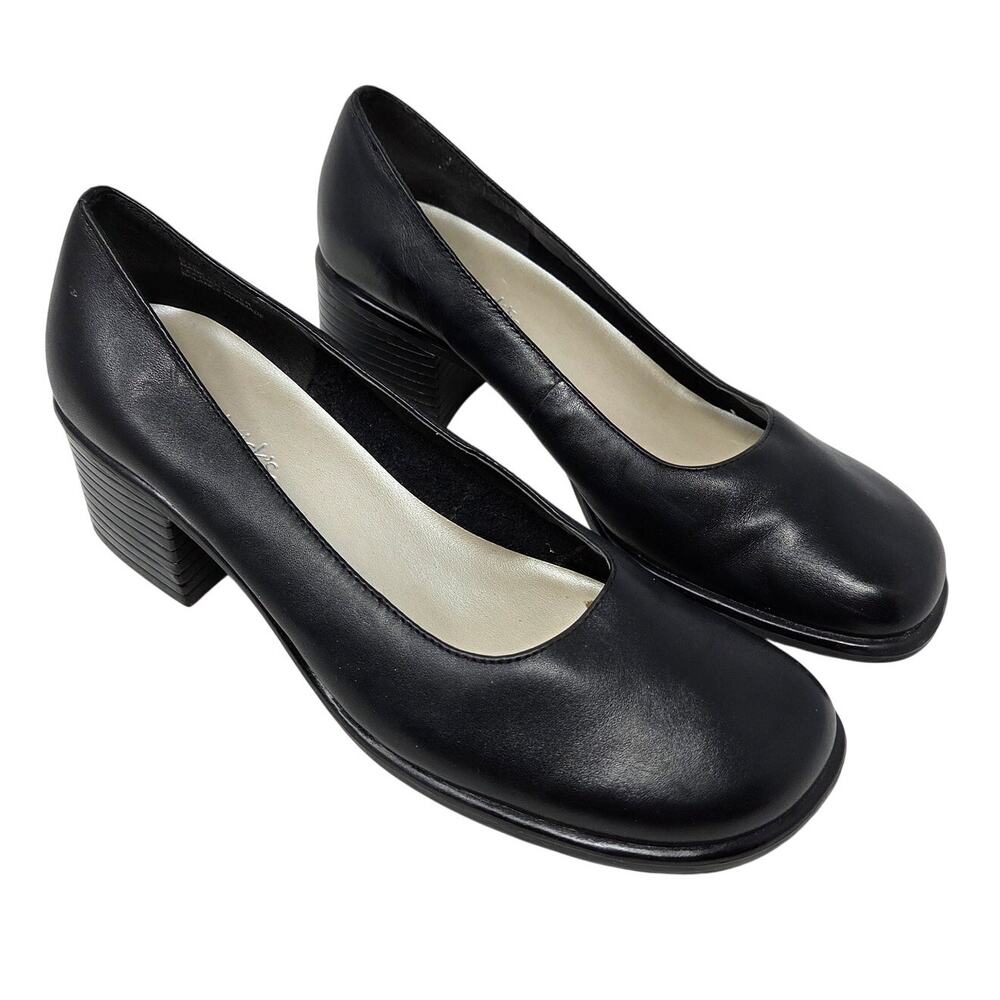 Chadwicks Black Leather Block Heels Slip On Squared Toe Pumps Shoes Size 8 M